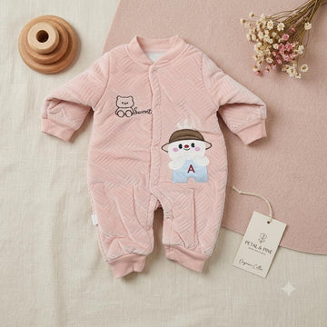 Newborn Baby Unisex Flannel Jumpsuit Rompers | Cartoon Long Sleeve Pink